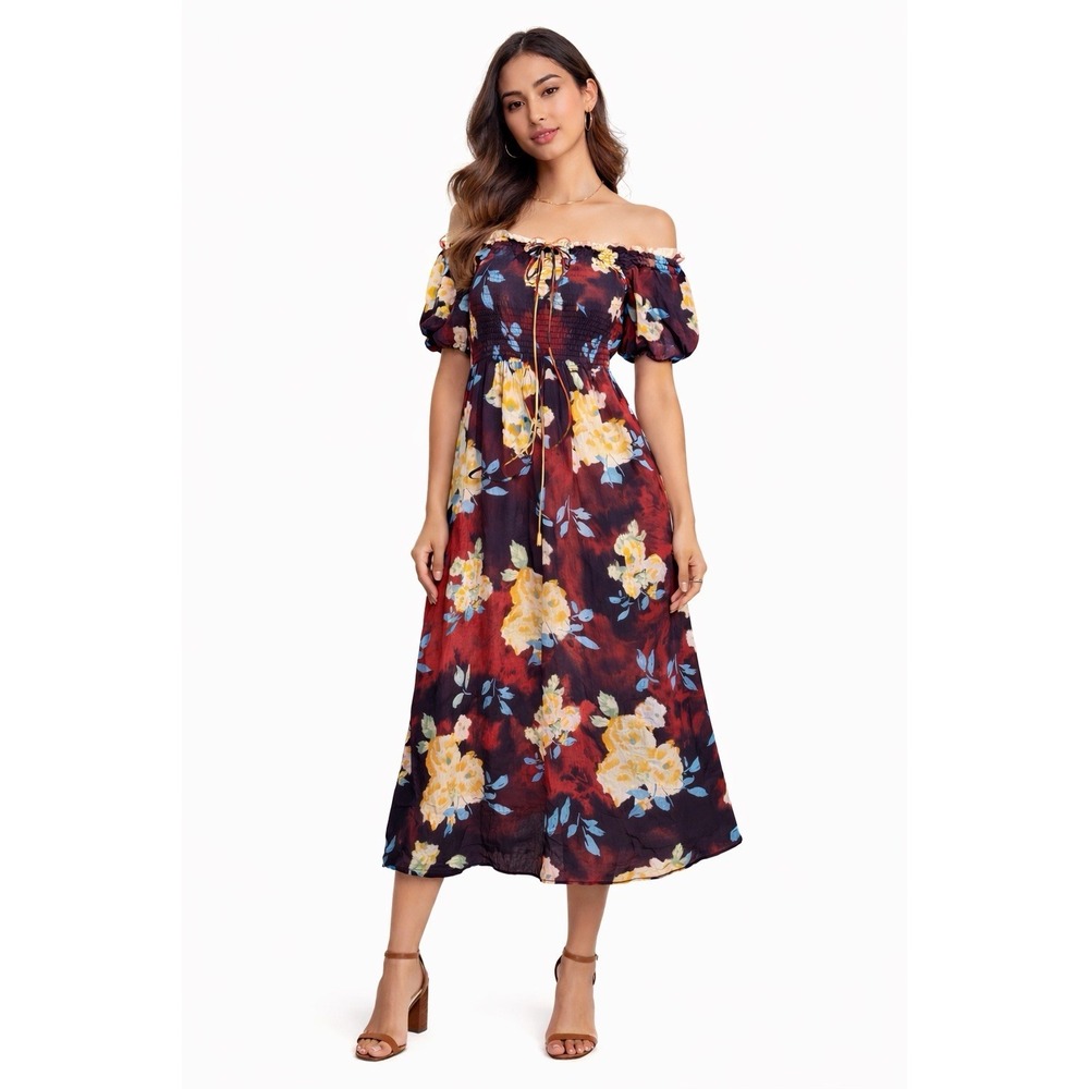 143 story by lineup Floral Fit & Flare Smocked Puff Sleeves M Midi dress wedding